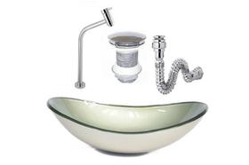 Cuba de vidro oval 47cm champanhe + válvula click + torneira de metal + sifao Cuba de vidro oval 47cm champanhe + válvula click + torneira de metal + sifao