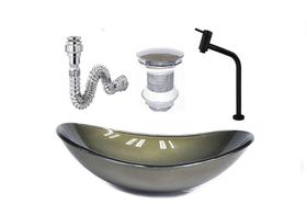 Cuba de vidro oval 47cm ouro envelhecido + valvula + torneira preta + sifao