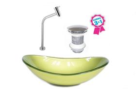 Cuba de vidro oval 47cm verde oliva + válvula click + torneira de metal Cuba de vidro oval 47cm verde oliva + válvula click + torneira de metal