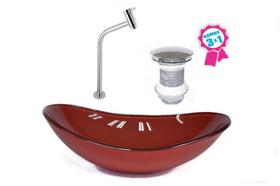 Cuba de vidro oval 47cm vermelho cereja + válvula click + torneira de metal Cuba de vidro oval 47cm vermelho cereja + válvula click + torneira de metal