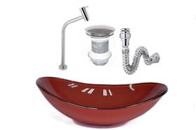 Cuba de vidro oval 47cm vermelho cereja + válvula click + torneira de metal + sifao Cuba de vidro oval 47cm vermelho cereja + válvula click + torneira de metal + sifao