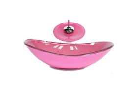 Cuba de vidro oval 55cm rosa + valvula + torneira cascata