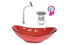 Cuba de vidro oval 55cm vermelho ferrari + valvula click + torneira metal Cuba de vidro oval 55cm vermelho ferrari + valvula click + torneira metal