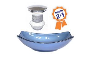 Cuba de vidro oval chanfrada 46cm azul + valvula click
