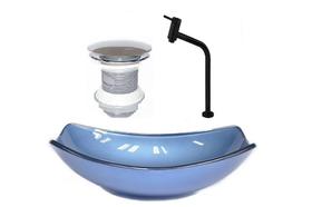 Cuba de vidro oval chanfrada 46cm azul + valvula + torneira metal preta Cuba de vidro oval chanfrada 46cm azul + valvula + torneira metal preta