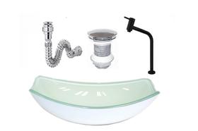 Cuba de vidro oval chanfrada 46cm branca + valvula + torneira metal preta + sifao