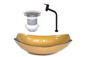 Cuba de vidro oval chanfrada 46cm dourado real + valvula + torneira metal preta