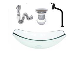 Cuba de vidro oval chanfrada 46cm jateado + valvula + torneira metal preta + sifao
