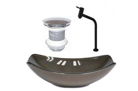 Cuba de vidro oval chanfrada 46cm marrom + valvula + torneira metal preta Cuba de vidro oval chanfrada 46cm marrom + valvula + torneira metal preta