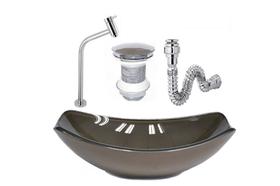 Cuba de vidro oval chanfrada 46cm marrom + valvula + torneira + sifao
