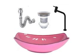 Cuba de vidro oval chanfrada 46cm rosa + valvula + torneira metal preta + sifao Cuba de vidro oval chanfrada 46cm rosa + valvula + torneira metal preta + sifao