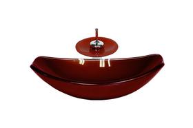 Cuba de vidro oval chanfrada 46cm vermelho cereja + valvula + torneira cascata