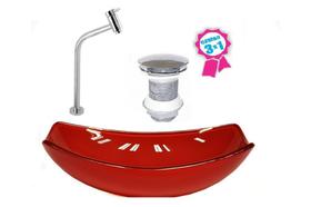 Cuba de vidro oval chanfrada 46cm vermelho cereja + valvula + torneira Cuba de vidro oval chanfrada 46cm vermelho cereja + valvula + torneira