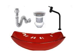 Cuba de vidro oval chanfrada 46cm vermelho cereja + valvula + torneira metal preta + sifao Cuba de vidro oval chanfrada 46cm vermelho cereja + valvula + torneira metal preta + sifao