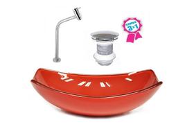 Cuba de vidro oval chanfrada 46cm vermelho ferrari + valvula + torneira Cuba de vidro oval chanfrada 46cm vermelho ferrari + valvula + torneira