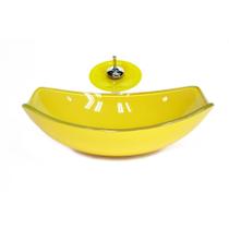 Cuba de vidro oval chanfrada 51cm amarela + valvula + torneira cascata Cuba de vidro oval chanfrada 51cm amarela + valvula + torneira cascata