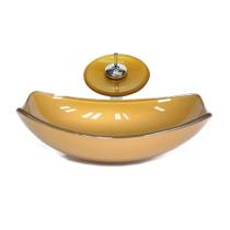 Cuba de vidro oval chanfrada 51cm dourado real + valvula + torneira cascata Cuba de vidro oval chanfrada 51cm dourado real + valvula + torneira cascata