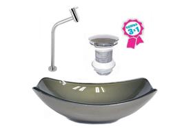 Cuba de vidro oval chanfrada 51cm ouro envelhecido + valvula click + torneira metal Cuba de vidro oval chanfrada 51cm ouro envelhecido + valvula click + torneira metal
