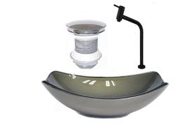 Cuba de vidro oval chanfrada 51cm ouro envelhecido + valvula + torneira preta