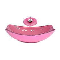 Cuba de vidro oval chanfrada 51cm rosa + valvula + torneira cascata