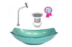 Cuba de vidro oval chanfrada 51cm verde + valvula click + torneira metal Cuba de vidro oval chanfrada 51cm verde + valvula click + torneira metal