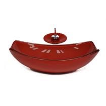 Cuba de vidro oval chanfrada 51cm vermelho cereja + valvula + torneira cascata