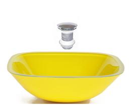 Cuba de vidro quadrada 35cm amarela + valvula click Cuba de vidro quadrada 35cm amarela + valvula click