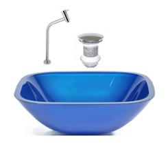 Cuba de vidro quadrada 35cm azul escuro + valvula + torneira metal