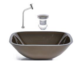 Cuba de vidro quadrada 35cm marrom + valvula + torneira metal