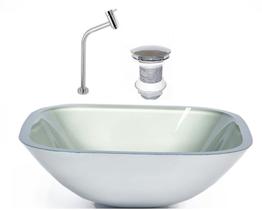 Cuba de vidro quadrada 35cm prata + valvula + torneira metal