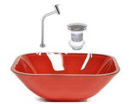 Cuba de vidro quadrada 35cm vermelho ferrari + valvula + torneira metal