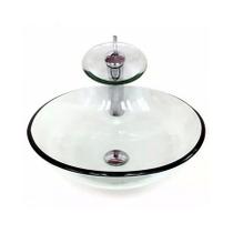 Cuba de vidro redonda 31cm incolor + valvula + torneira cascata