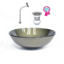 Cuba de vidro redonda 31cm ouro envelhecido + válvula click + torneira de metal Cuba de vidro redonda 31cm ouro envelhecido + válvula click + torneira de metal