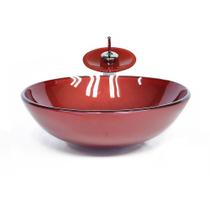 Cuba de vidro redonda 31cm vermelho cereja + valvula + torneira cascata Cuba de vidro redonda 31cm vermelho cereja + valvula + torneira cascata