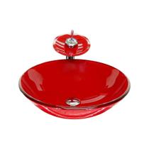 Cuba De Vidro Redonda 31Cm Vermelho Ferrari Válvula Torneira Cuba De Vidro Redonda 31Cm Vermelho Ferrari Válvula Torneira