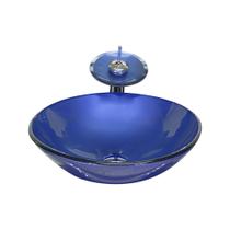 Cuba de vidro redonda 35cm azul escuro + valvula + torneira cascata