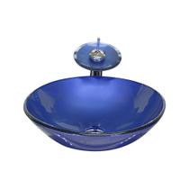 Cuba de vidro redonda 35cm azul escuro + valvula + torneira cascata