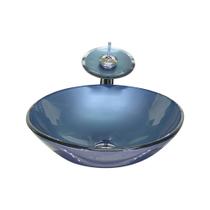 Cuba de vidro redonda 35cm azul + valvula + torneira cascata