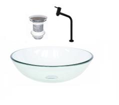 Cuba de vidro redonda 35cm incolor + valvula + torneira preta