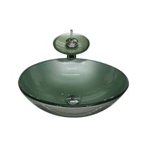 Cuba de vidro redonda 35cm prata + valvula + torneira cascata