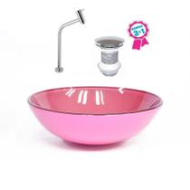 Cuba de vidro redonda 35cm rosa + válvula click + torneira de metal