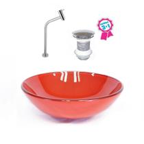 Cuba de vidro redonda 35cm vermelho ferrari + válvula click + torneira de metal