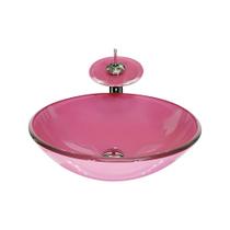 Cuba de vidro redonda 42cm rosa + valvula + torneira cascata