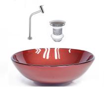 Cuba de vidro redonda 42cm vermelho cereja + valvula + torneira cromada Cuba de vidro redonda 42cm vermelho cereja + valvula + torneira cromada