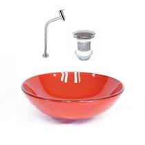 Cuba de vidro redonda 42cm vermelho ferrari + valvula + torneira cromada