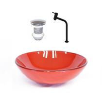 Cuba de vidro redonda 42cm vermelho ferrari + valvula + torneira preta