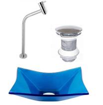 Cuba de vidro retangular 39cm azul escuro + valvula click + torneira