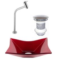 Cuba de vidro retangular 39cm vermelho cereja + valvula click + torneira Cuba de vidro retangular 39cm vermelho cereja + valvula click + torneira