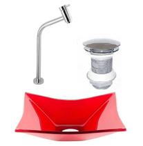 Cuba de vidro retangular 39cm vermelho ferrari + valvula click + torneira Cuba de vidro retangular 39cm vermelho ferrari + valvula click + torneira