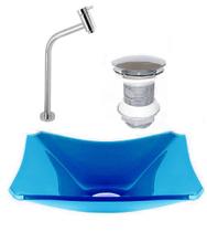 Cuba de vidro retangular chanfrada 37cm azul claro + válvula click + torneira Cuba de vidro retangular chanfrada 37cm azul claro + válvula click + torneira